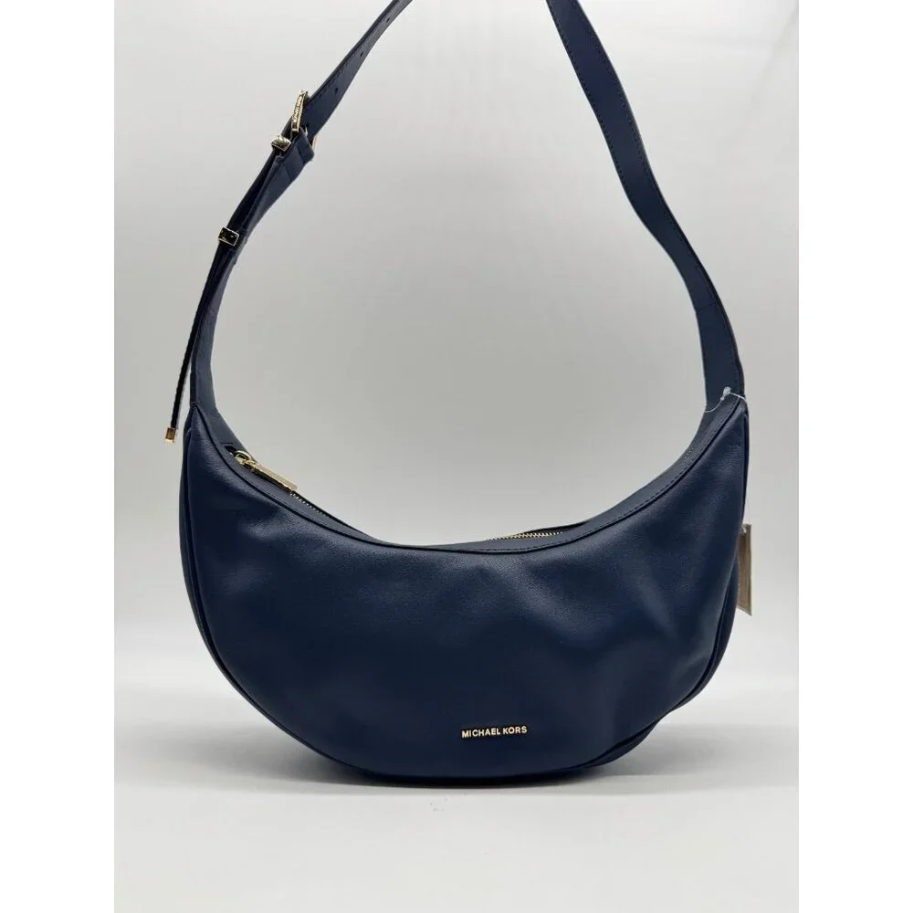 MICHAEL KORS Avra leather crescent sling shoulder bag- Navy